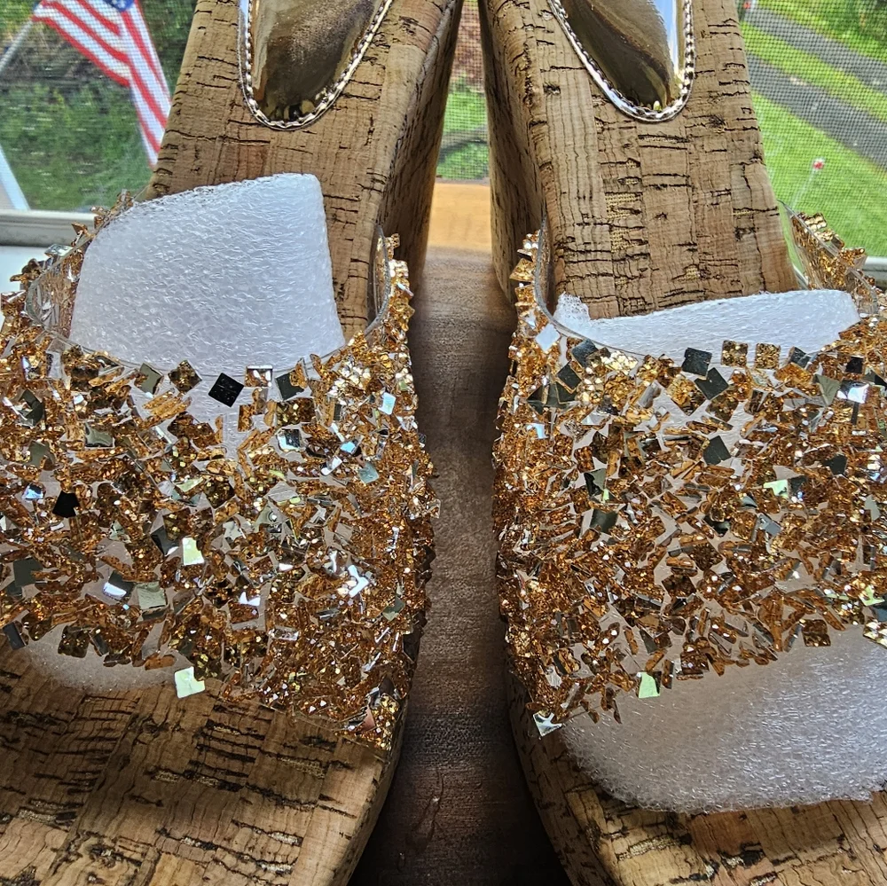 Gold and Tan Wedge Sandals